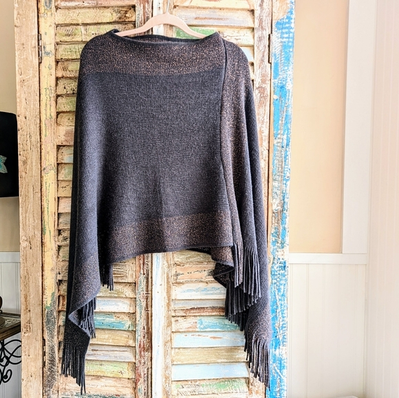 Dressy Colorblock Poncho Wrap Dark Gray Metallic Copper Soft Boat Neck Sweater - Picture 4 of 4